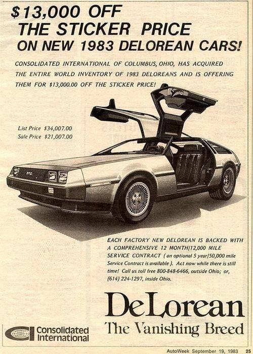 DeLorean vanishing breed Consolidated International Advertisement in Auto Week Magazine September 19, 1983.